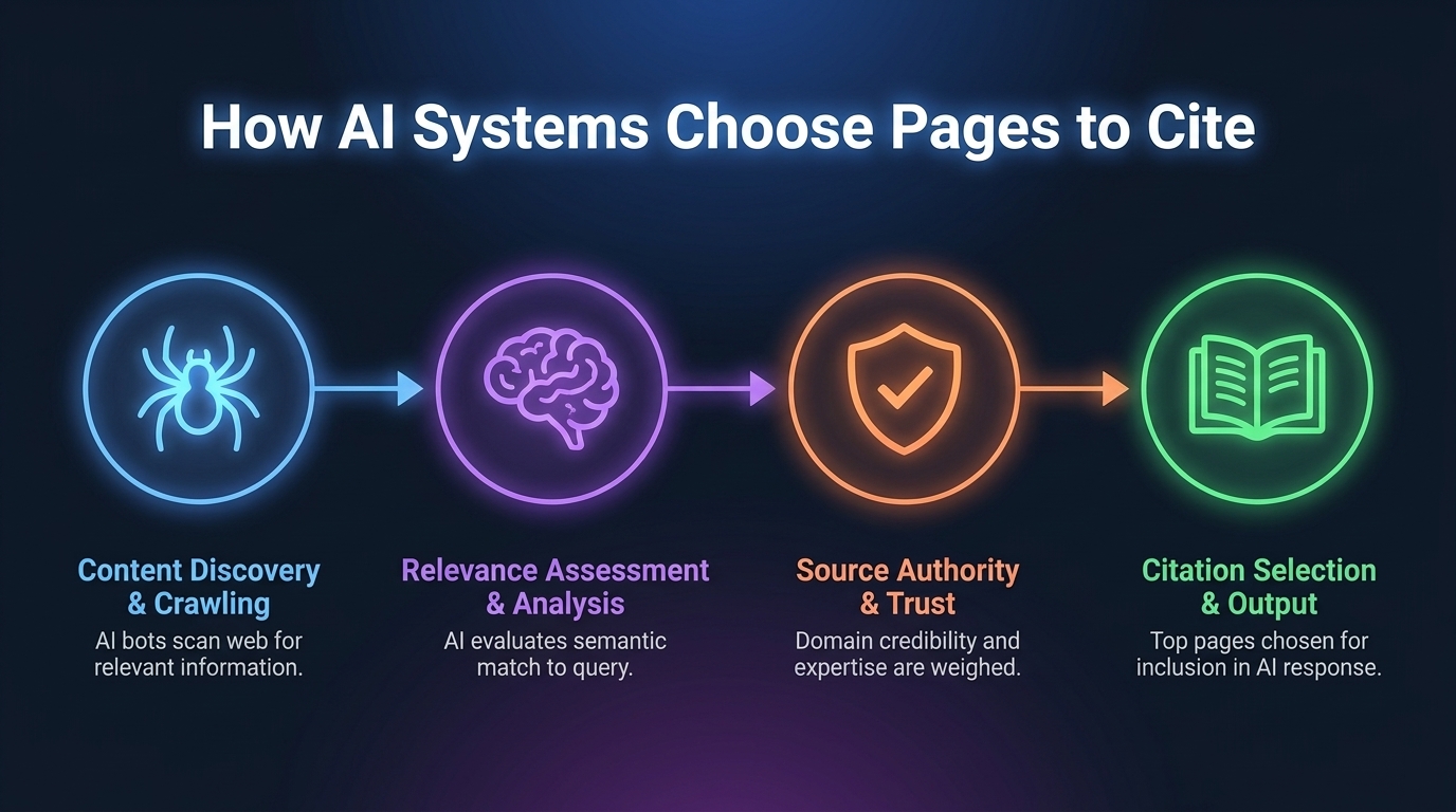 This infographic illustrates the four-step process AI uses to crawl, analyze relevance, verify authority, and finally select pages for citation.
